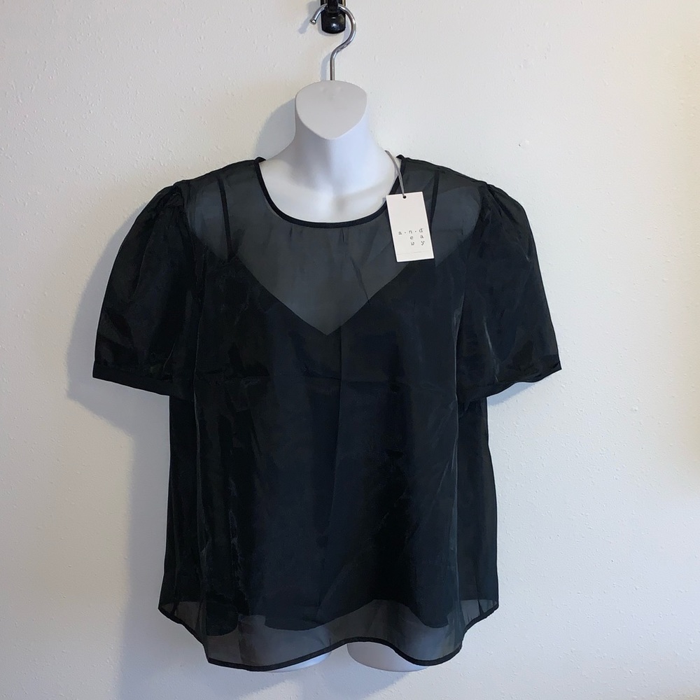 *NWT* a new day Black Mesh  Top with Puffy Sleeves